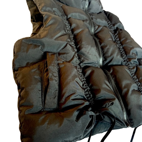 Black Poof Puffer Vest Ruched Tie Drawstrings - Picture 2 of 5